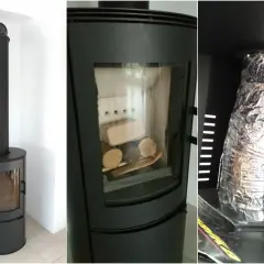 Trzy panele pokazują piec wolnostojący i jego podłączenie do komina. Na pierwszym panelu widać piec z czarnym kominem. Drugi panel pokazuje wnętrze pieca z drewnem. Trzeci panel ukazuje, jak podłączyć kozę do komina, owijając rurę izolacją.