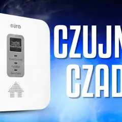 Biały czujnik czadu z wyświetlaczem i przyciskami. Tekst "CZUJNIK CZADU" sugeruje, jak wyłączyć czujnik czadu.