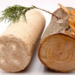 Brykiet drzewny obok kawałka drewna. Tona brykietu to tyle samo ciepła co z ok. 1,5 tony drewna.