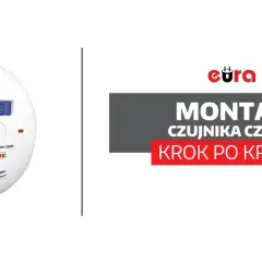 Biały czujnik czadu z wyświetlaczem cyfrowym i napisem "MONTAŻ CZUJNIKA CZADU KROK PO KROKU". Dowiedz się, co zrobić, gdy czujnik czadu się włączy.
