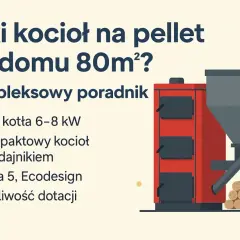 Ilustracja przedstawia nowoczesne kotły co na pellet, idealne do domu 80m². Poradnik omawia moc, kompaktowość i klasę energetyczną.