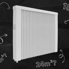 Jaki grzejnik do pokoju 15m2? Biały grzejnik elektryczny otoczony pytaniami o powierzchnię pomieszczeń, od 5m2 do 30m2.