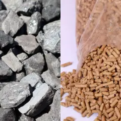 Ciemny węgiel i jasne pellety drzewne. Różnica między ekogroszkiem a groszkiem jest widoczna w ich wyglądzie i pochodzeniu.