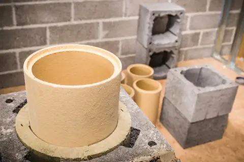 Ceramiczny wkład do komina z cegły, gotowy do montażu. Obok elementy konstrukcyjne komina.