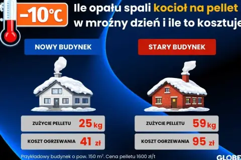 Porównanie kosztów ogrzewania pelletem w mroźny dzień: nowy budynek zużywa 25 kg (41 zł), stary 59 kg (95 zł).