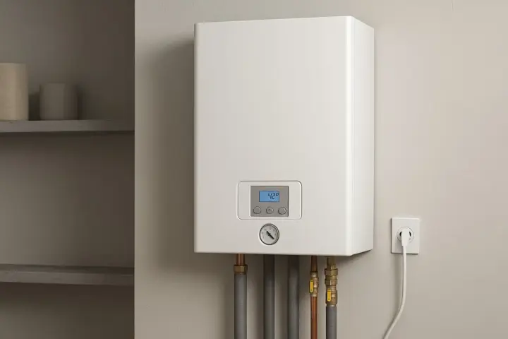 Nowoczesny kocioł elektryczny do co, z cyfrowym wyświetlaczem i manometrem, podłączony do gniazdka.