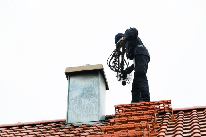 Kominiarz na dachu przygotowuje się do pracy, by jak wyczyścić komin ze smoły. Używa szczotki i liny.