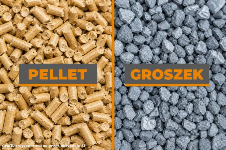 Podział na pellet i ekogroszek. Jasne walcowate granulki pelletu obok szarych, nieregularnych kamyków ekogroszku.