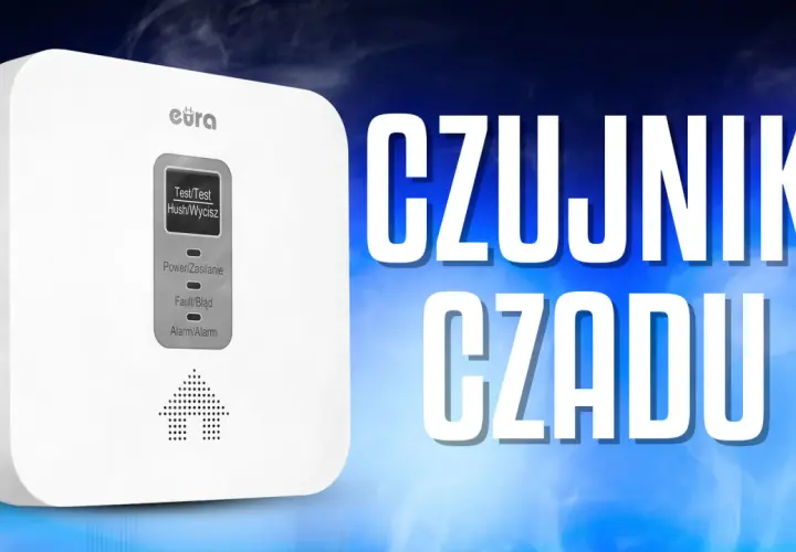 Biały czujnik czadu z wyświetlaczem i przyciskami. Tekst "CZUJNIK CZADU" sugeruje, jak wyłączyć czujnik czadu.