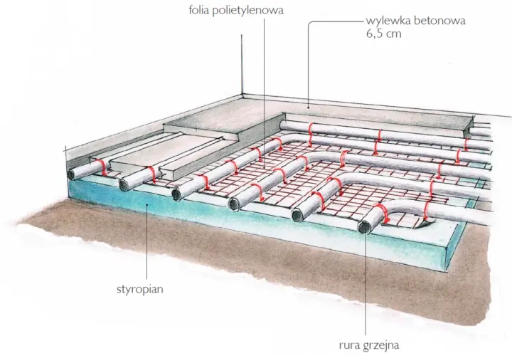 Schemat pokazuje, jak rozłożyć rury do ogrzewania podłogowego na styropianie, pod folią polietylenową i siatką, przed wylaniem betonu.