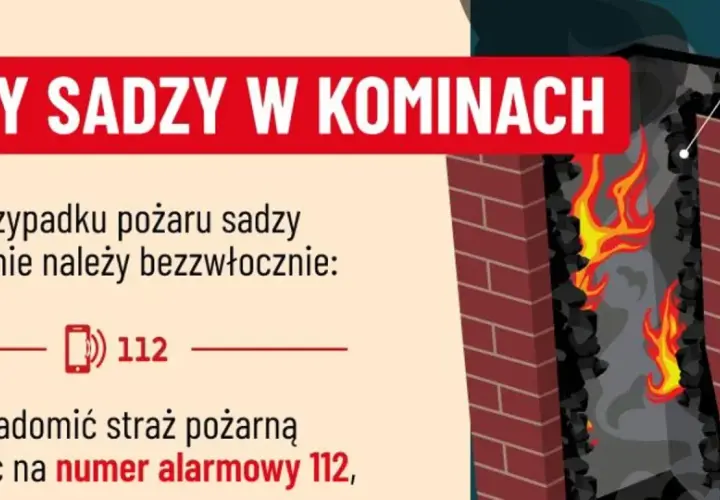 Pożary sadzy w kominie? Zadzwoń pod numer alarmowy 112. Obrazek pokazuje płonący komin i instrukcję, czym gasić sadze w kominie.