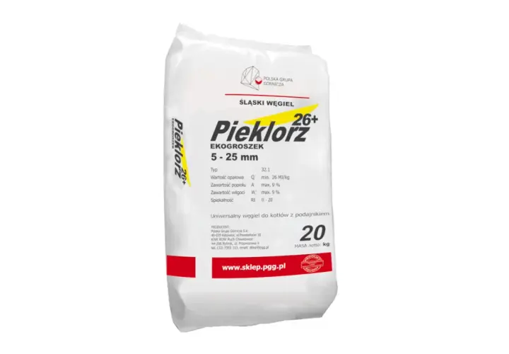 Worek ekogroszku Pieklorz 26+ o granulacji 5-25 mm. Uniwersalny węgiel do kotłów z podajnikiem. Gdzie kupić? Sprawdź na www.sklep.pgg.pl