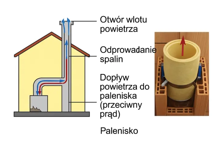 Schemat komina z przepływem powietrza i spalin. Ilustracja pokazuje, jak sprawdzić cug w kominie, analizując ruch powietrza.