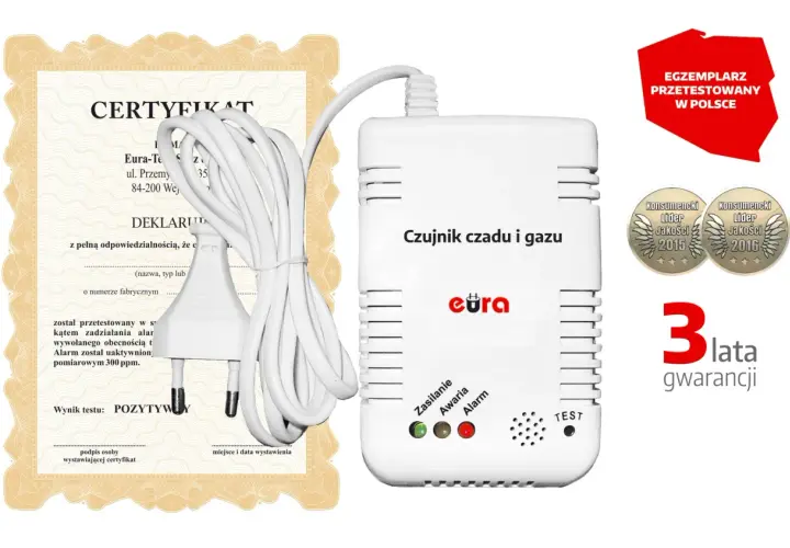 Czujnik czadu i gazu z certyfikatem i gwarancją 3 lata.