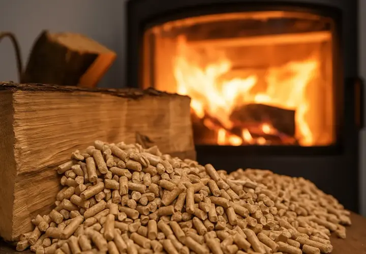 Piec z płonącym ogniem i sterta pelletu obok drewna. Czy kominek na pellet się opłaca?