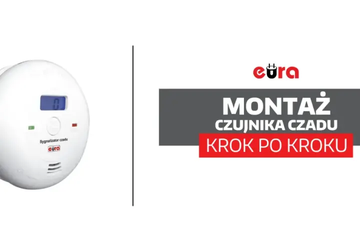 Biały czujnik czadu z wyświetlaczem cyfrowym i napisem "MONTAŻ CZUJNIKA CZADU KROK PO KROKU". Dowiedz się, co zrobić, gdy czujnik czadu się włączy.