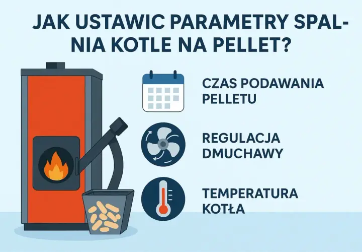 Jak ustawić piec na pellet? Grafika pokazuje kocioł, podajnik pelletu i ikony: kalendarz (czas podawania), wiatrak (regulacja dmuchawy) i termometr (temperatura kotła).