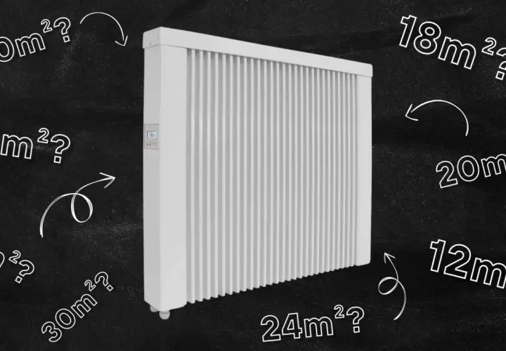 Jaki grzejnik do pokoju 15m2? Biały grzejnik elektryczny otoczony pytaniami o powierzchnię pomieszczeń, od 5m2 do 30m2.