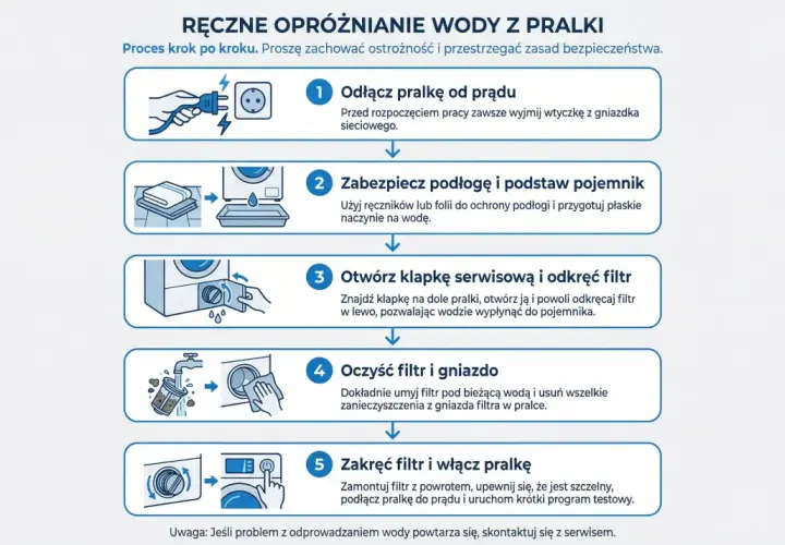 Instrukcja: jak spuścić wodę z centralnego ogrzewania. Odłącz pralkę, zabezpiecz podłogę, otwórz klapkę, oczyść filtr i zakręć.