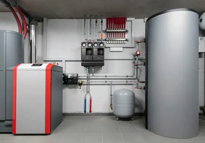 Nowoczesna kotłownia z kotłem 50 kW, zasobnikiem ciepłej wody i rozdzielaczem ogrzewania podłogowego.