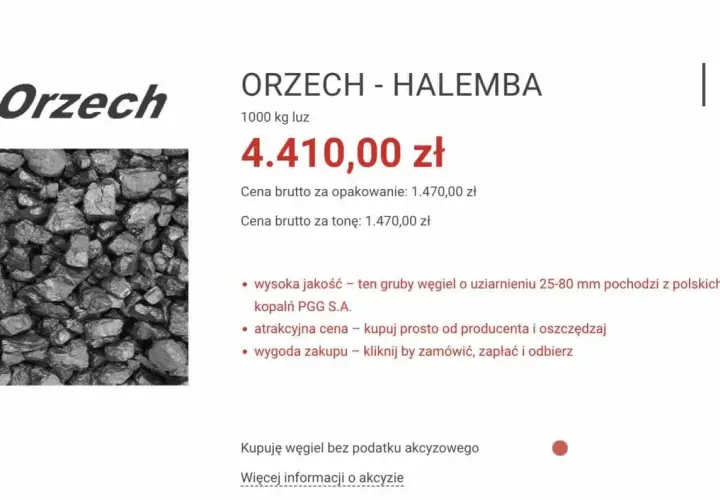 Zdjęcie przedstawia węgiel orzech w dużych bryłach, z ceną i opisem produktu.