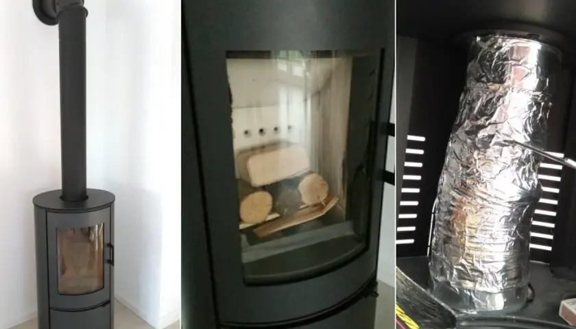Trzy panele pokazują piec wolnostojący i jego podłączenie do komina. Na pierwszym panelu widać piec z czarnym kominem. Drugi panel pokazuje wnętrze pieca z drewnem. Trzeci panel ukazuje, jak podłączyć kozę do komina, owijając rurę izolacją.