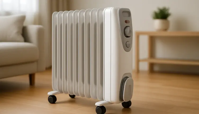 Biały grzejnik elektryczny na kółkach, stojący na drewnianej podłodze. Zastanawiasz się, grzejnik elektryczny ile pobiera prądu?