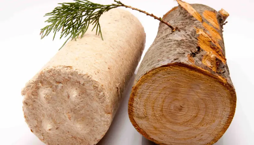 Brykiet drzewny obok kawałka drewna. Tona brykietu to tyle samo ciepła co z ok. 1,5 tony drewna.