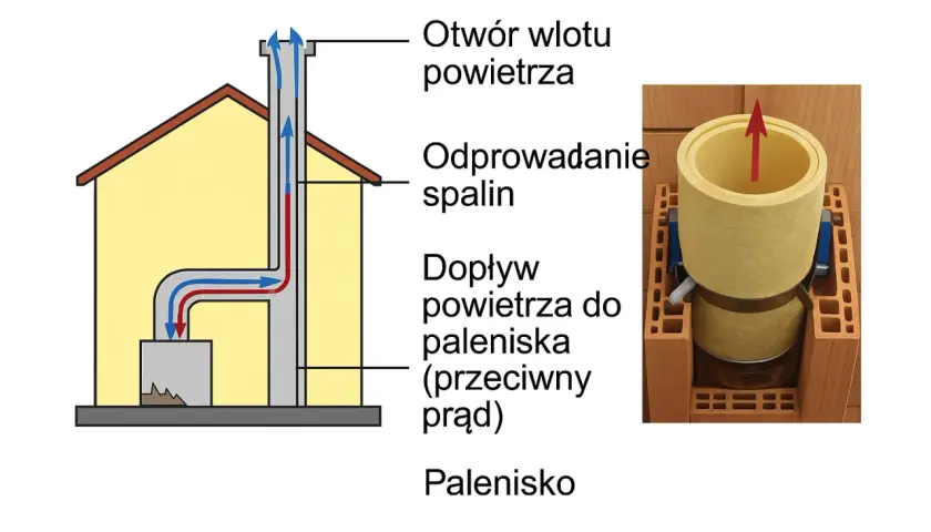 Schemat komina z przepływem powietrza i spalin. Ilustracja pokazuje, jak sprawdzić cug w kominie, analizując ruch powietrza.