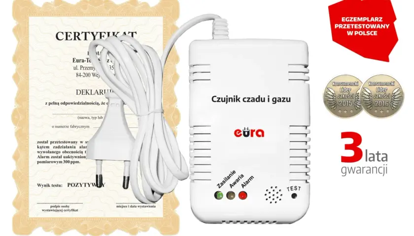 Czujnik czadu i gazu z certyfikatem i gwarancją 3 lata.