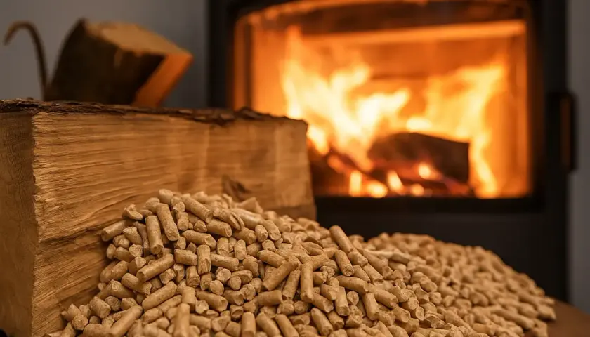 Piec z płonącym ogniem i sterta pelletu obok drewna. Czy kominek na pellet się opłaca?