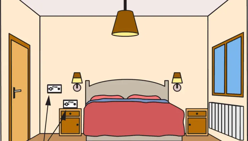 Ilustracja sypialni z łóżkiem, szafkami nocnymi, drzwiami, oknem i dwoma czujnikami czadu.