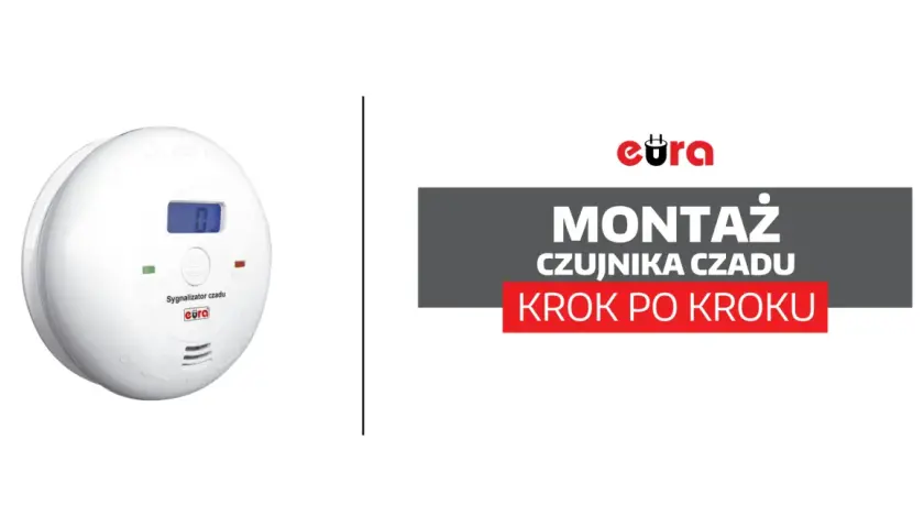 Biały czujnik czadu z wyświetlaczem cyfrowym i napisem "MONTAŻ CZUJNIKA CZADU KROK PO KROKU". Dowiedz się, co zrobić, gdy czujnik czadu się włączy.