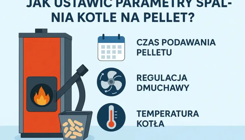 Jak ustawić piec na pellet? Grafika pokazuje kocioł, podajnik pelletu i ikony: kalendarz (czas podawania), wiatrak (regulacja dmuchawy) i termometr (temperatura kotła).