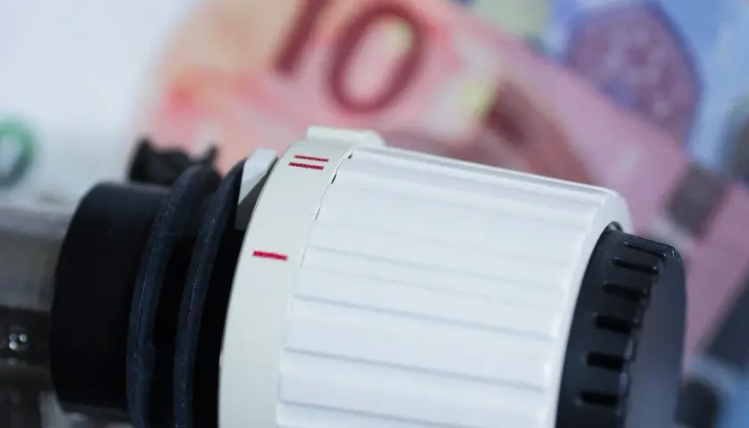 Termostat grzejnika obok banknotów 10 euro. Czy to grzejnik olejowy czy na podczerwień, ogrzewanie kosztuje.
