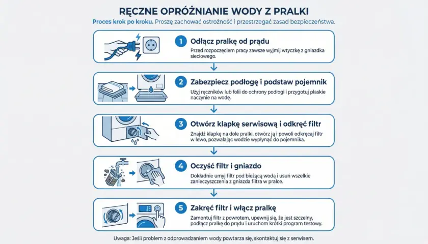 Instrukcja: jak spuścić wodę z centralnego ogrzewania. Odłącz pralkę, zabezpiecz podłogę, otwórz klapkę, oczyść filtr i zakręć.