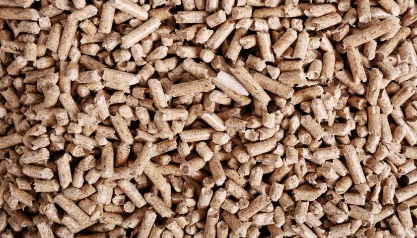 Mnóstwo drobnych, cylindrycznych granulek, czyli pelletu, tworzy gęstą, brązową masę.