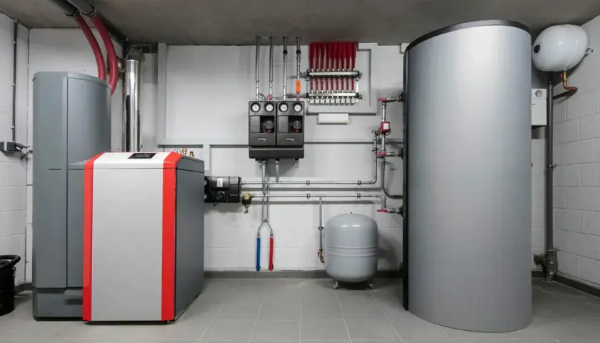 Nowoczesna kotłownia z kotłem 50 kW, zasobnikiem ciepłej wody i rozdzielaczem ogrzewania podłogowego.