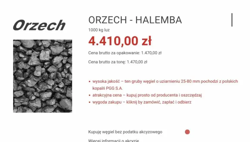 Zdjęcie przedstawia węgiel orzech w dużych bryłach, z ceną i opisem produktu.