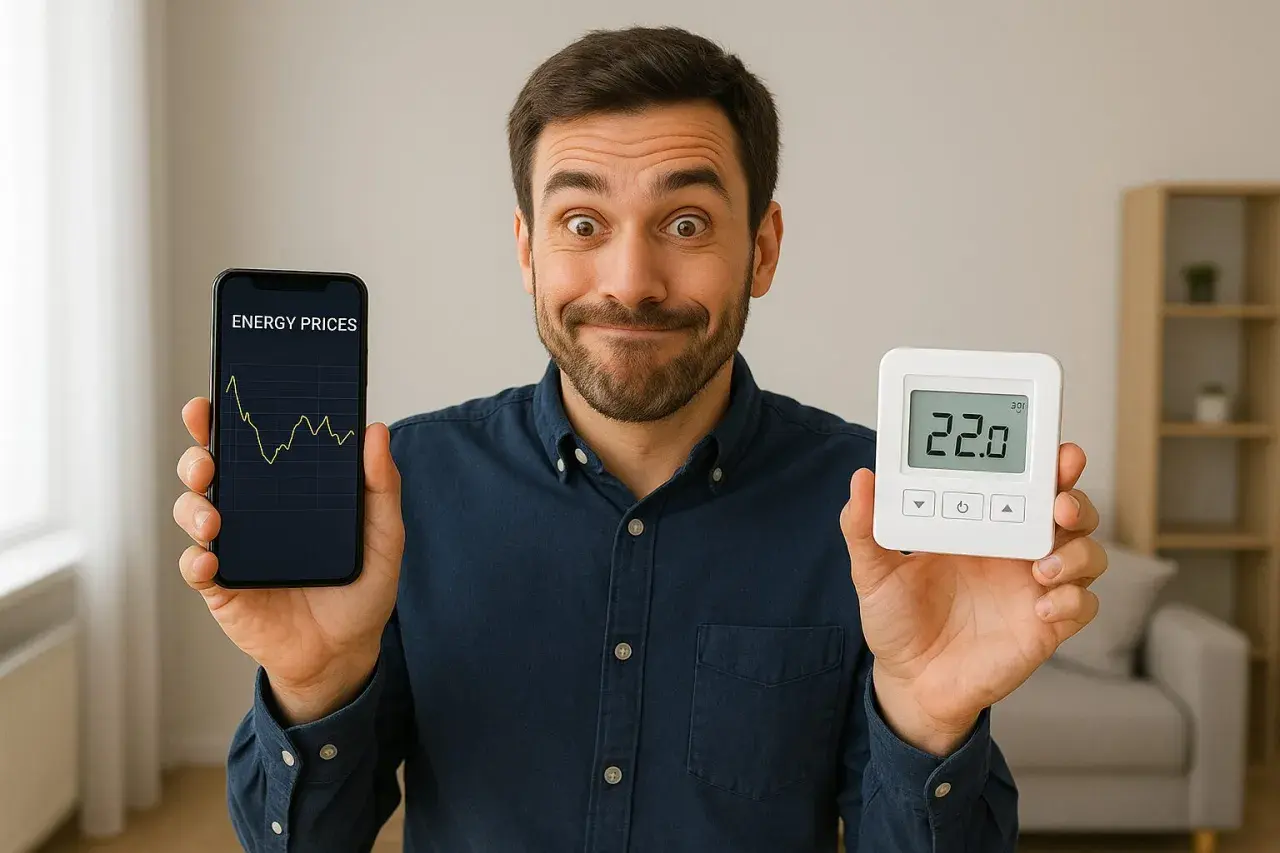 Zastanawiasz się, jaki grzejnik elektryczny zużywa najmniej prądu? Mężczyzna trzyma telefon z wykresem cen energii i termostat.