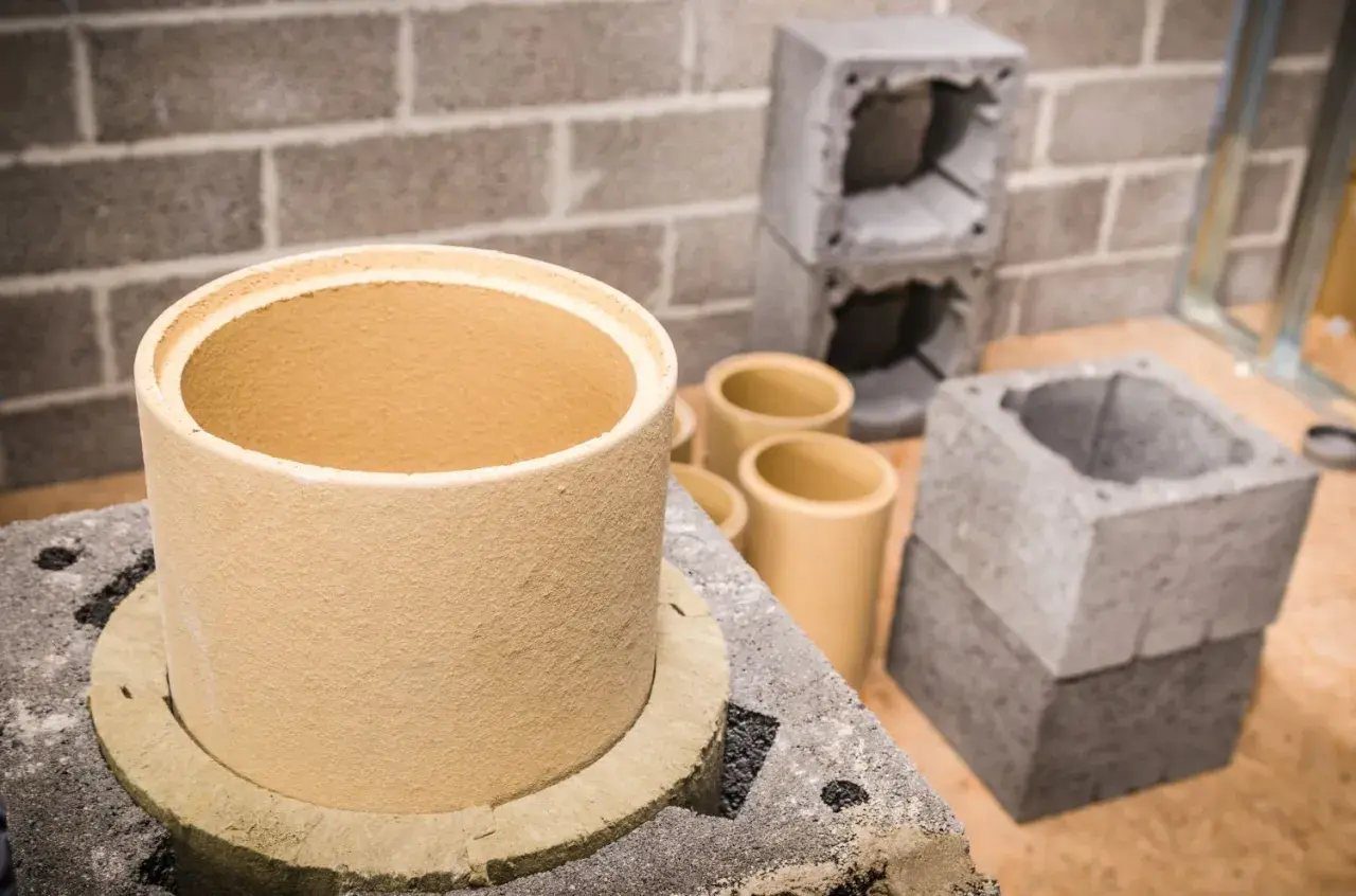 Ceramiczny wkład do komina z cegły, gotowy do montażu. Obok elementy konstrukcyjne komina.