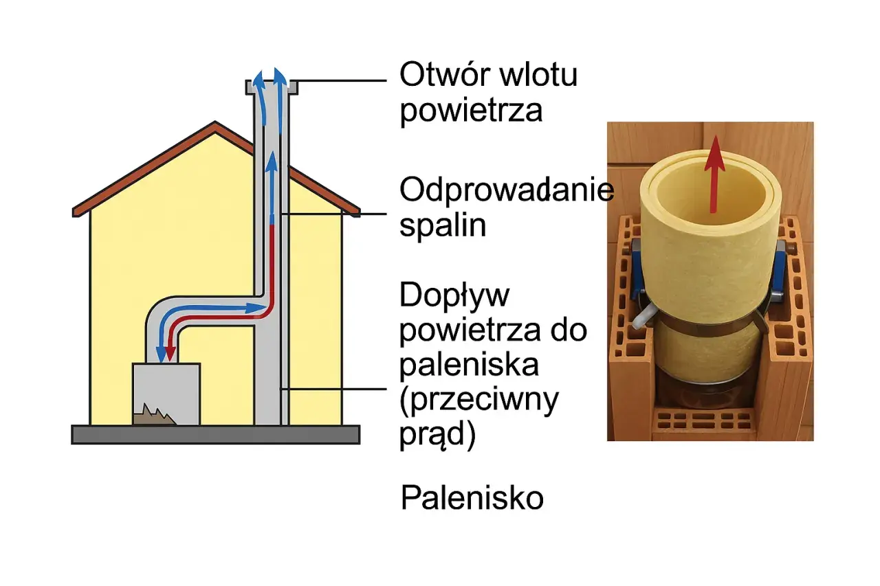 Schemat komina z przepływem powietrza i spalin. Ilustracja pokazuje, jak sprawdzić cug w kominie, analizując ruch powietrza.