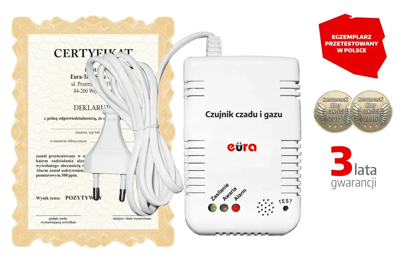 Czujnik czadu i gazu z certyfikatem i gwarancją 3 lata.