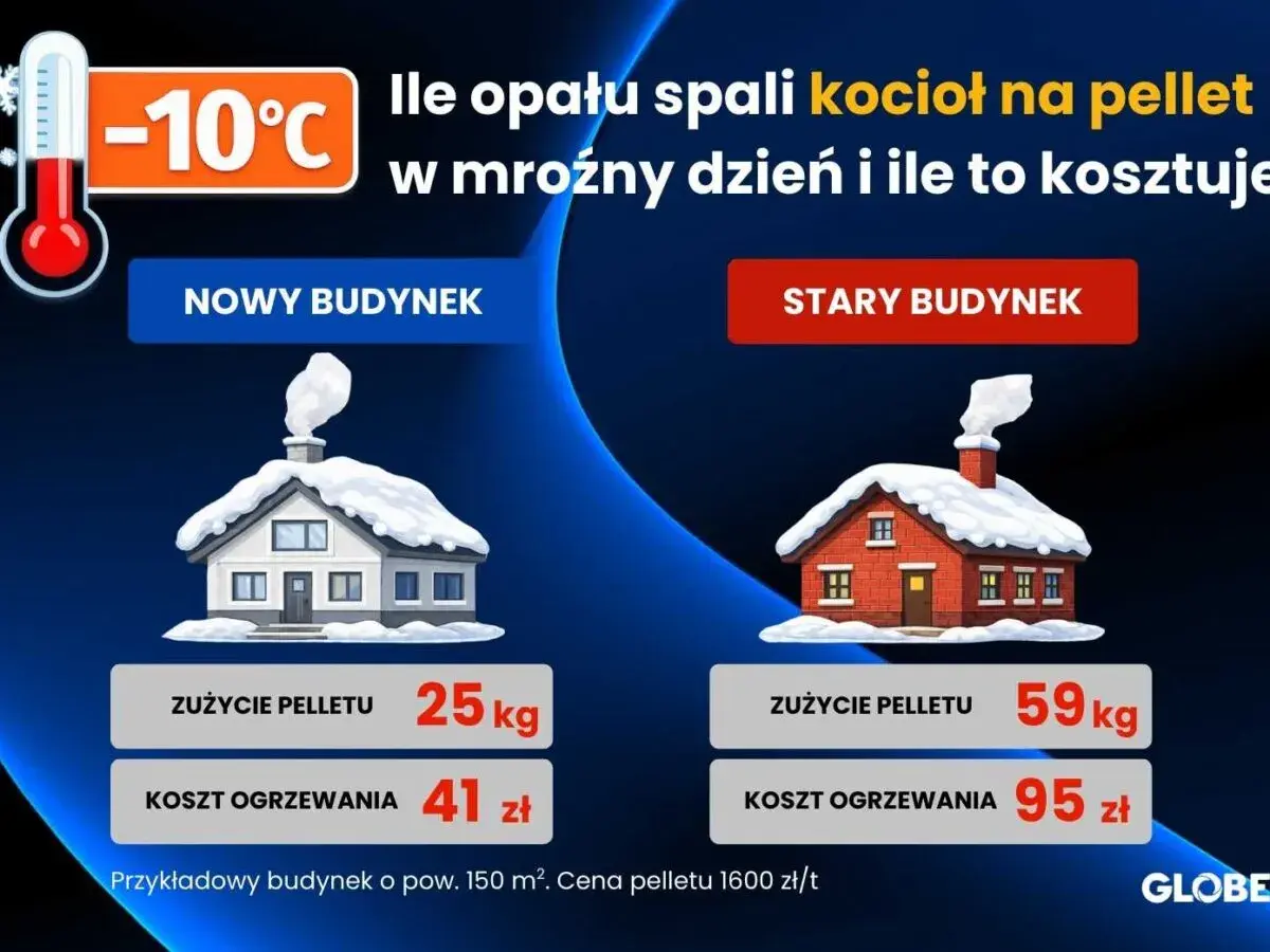 Porównanie kosztów ogrzewania pelletem w mroźny dzień: nowy budynek zużywa 25 kg (41 zł), stary 59 kg (95 zł).