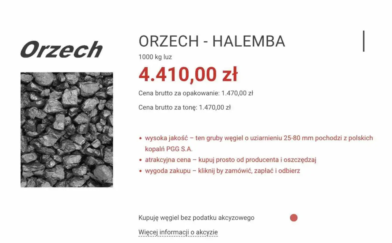 Zdjęcie przedstawia węgiel orzech w dużych bryłach, z ceną i opisem produktu.
