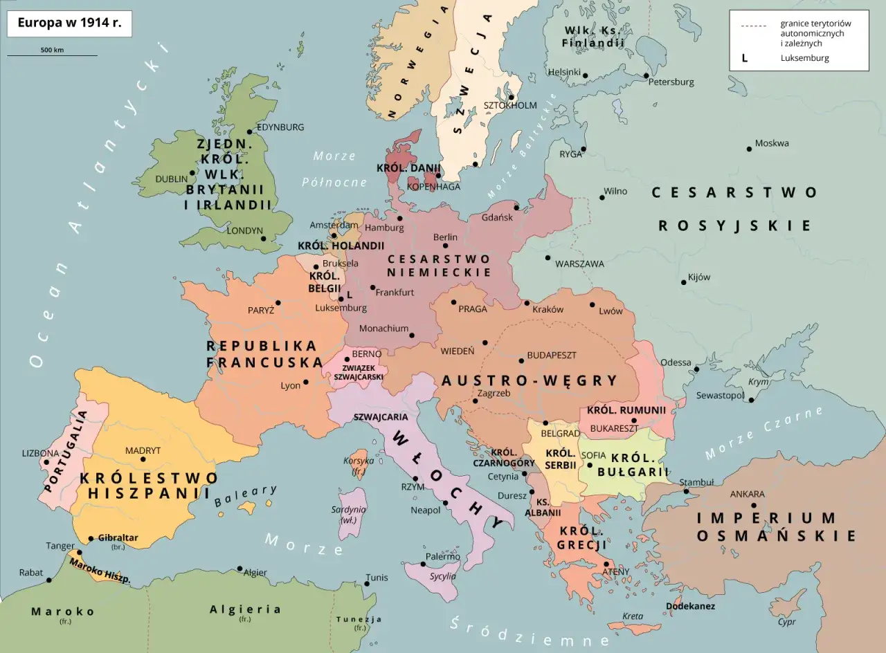 Mapa Europy w 1914 r. pokazuje napięcia polityczne, tworząc