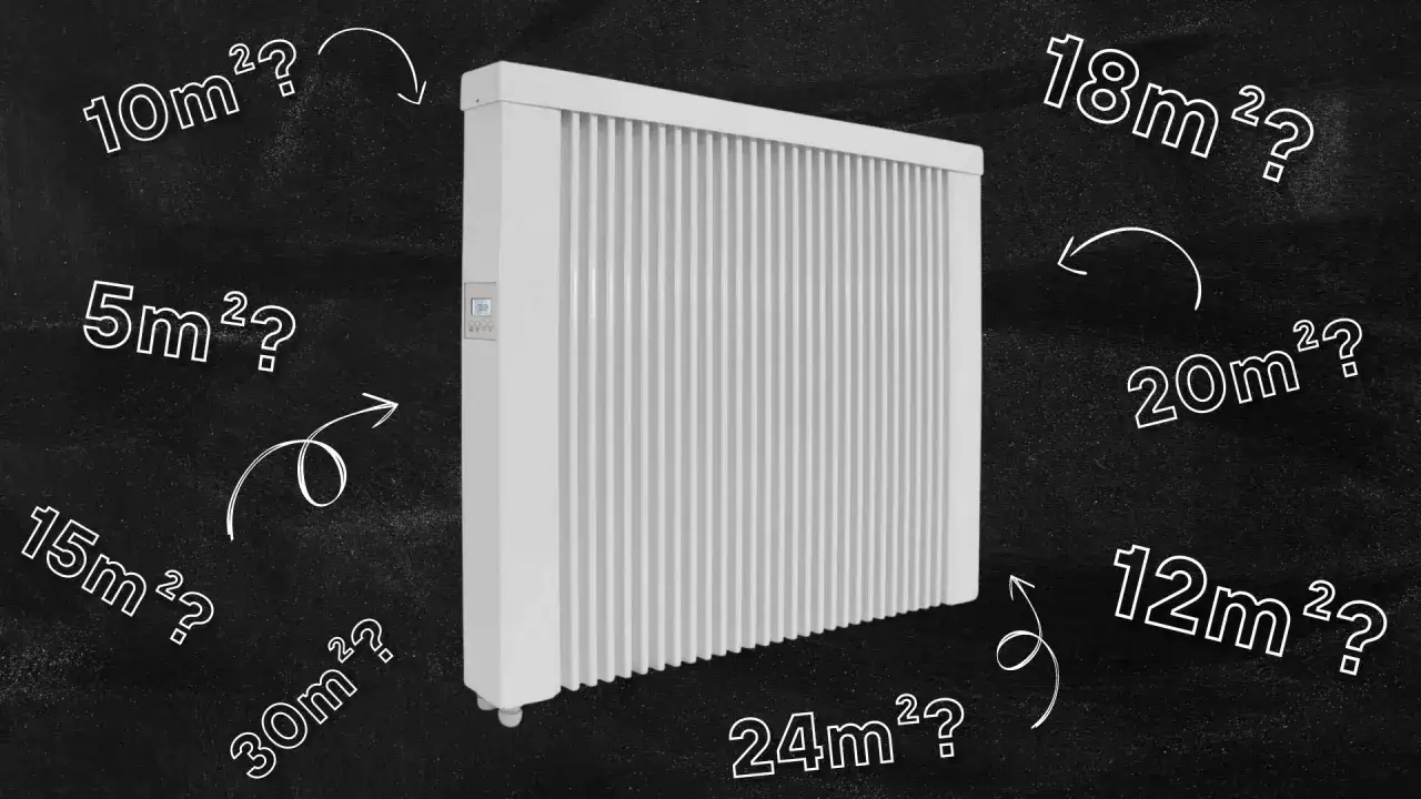Jaki grzejnik do pokoju 15m2? Biały grzejnik elektryczny otoczony pytaniami o powierzchnię pomieszczeń: 5m², 10m², 12m², 15m², 18m², 20m², 24m², 30m².