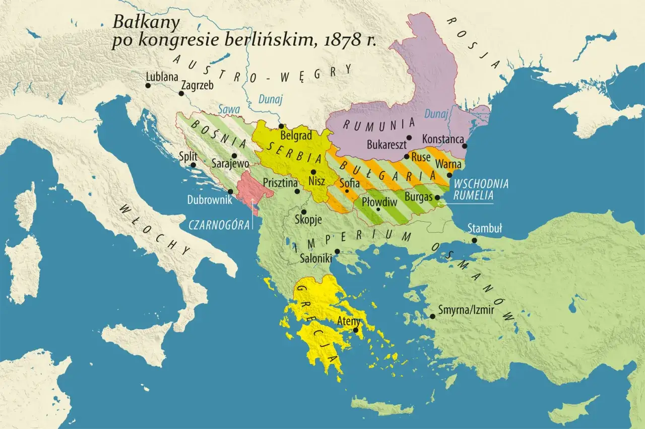 Mapa Bałkanów po kongresie berlińskim w 1878 r. pokazuje, jak wyglądał wtedy kocioł bałkański.