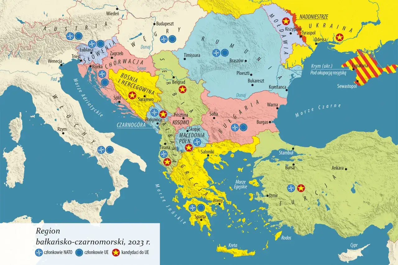 Mapa regionu bałkańsko-czarnomorskiego, 2023. Zaznaczone kraje NATO, UE i kandydaci do UE. Co to jest kocioł bałkański?