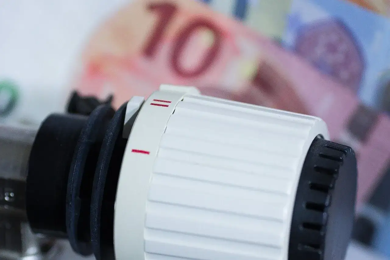 Pokrętło termostatu grzejnika z oznaczeniami, w tle banknot 10 euro. Czy to grzejnik olejowy czy elektryczny?